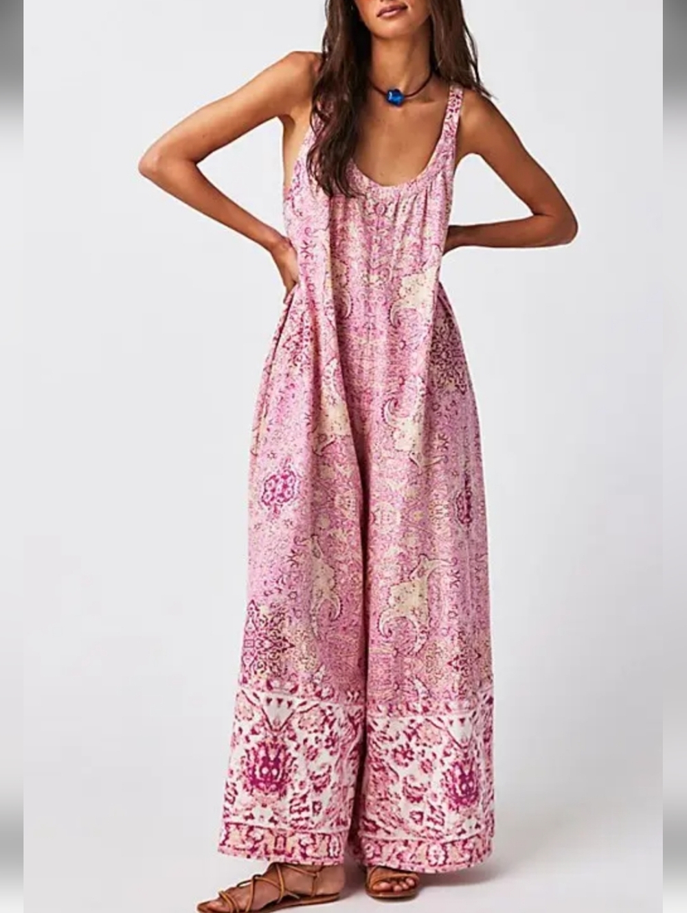 NWOT Free People Pink Paisley Tank Jumpsuit with Border Hem